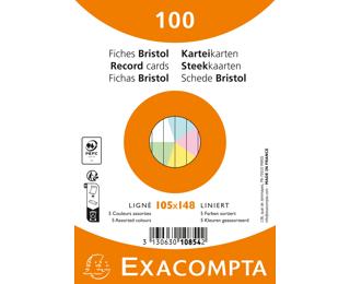 Paquet de 100 fiches sous film - Bristol ligné non perforé 105x148mm - Couleurs assorties