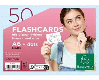 Packung mit 50 Flashcards A6, mit Ring, eingeschweißt, dot/punktkariert, gelocht 