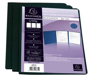 3er Set Bewerbungsmappen aus Colorspan-Karton 400g/qm mit Leinenoptik, Serie Elegance, 3-teilig mit 1 Klemmschiene, DIN A4 - Schwarz