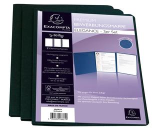 3er Set Bewerbungsmappen aus Colorspan-Karton 400g/qm mit Leinenoptik, Serie Elegance, 3-teilig mit 1 Klemmschiene, DIN A4 - Schwarz