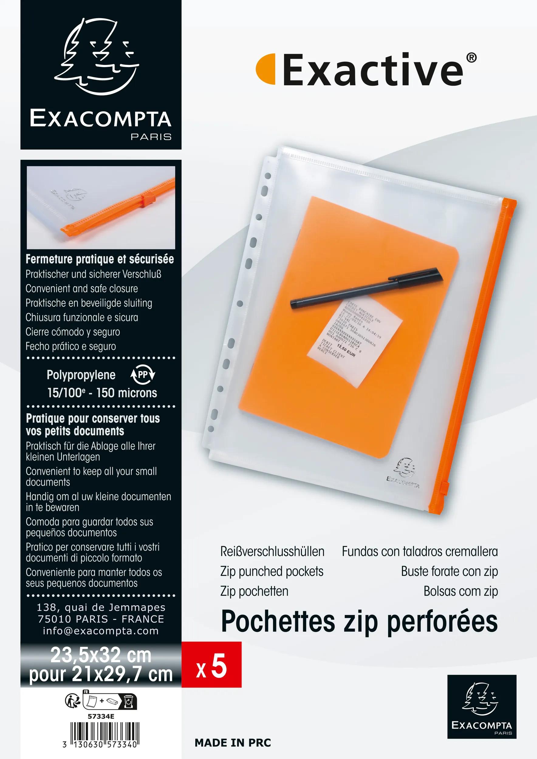 Exacompta - Sachet de 5 pochettes zip perforées polypropylène