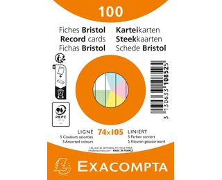 Pack of 100 film-wrapped index cards - Unperforated lined Bristol 74x105mm - Assorted colours