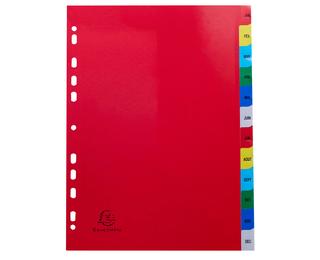 Intercalaires imprimés mensuels PP couleurs Janv-Décembre - A4 - Couleurs assorties