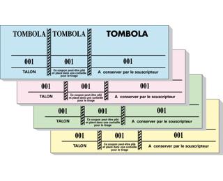 Bloc tombola 100 feuillets numérotés de 3 volets - Format 4,8x15 cm - Couleurs assorties