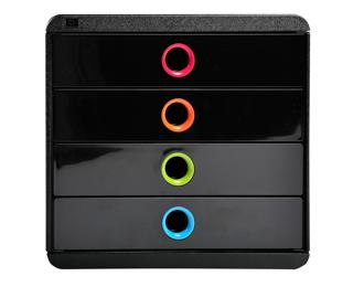 Módulo individual POP-BOX con 4 cajones para documentos A4+, ultra-rígido, cajones cerrados, con stop de seguridad - 347x278x267 mm - IDERAMA - Negro/arlequín