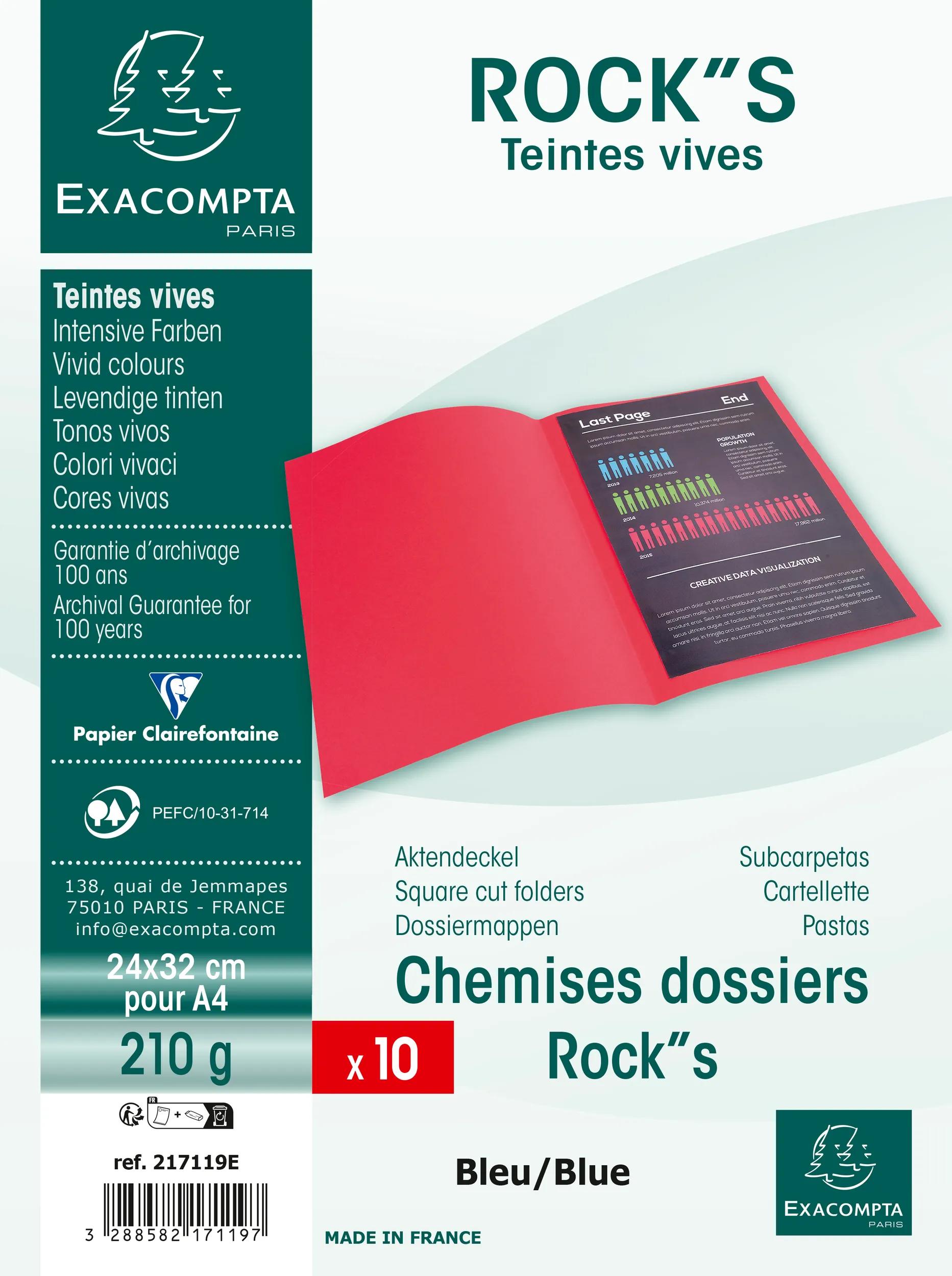 Chemises Rigides ROCK'S Exacompta - Lot De 10, 210 G/m², 24x32 Cm, Couleur Bleu - Certification PEFC, Archivage 100 Ans - 11