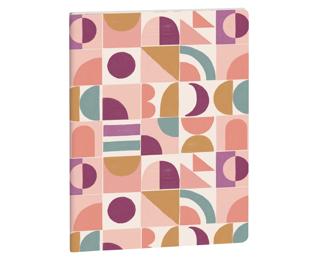 Motifs géométriques et couleurs tendance inspirés du design rétro-chic, pour un carnet agrafé qui ne passe pas inaperçu. 