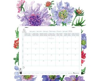Calendrier mensuel EasyCal Fleurs avec feuillets détachables 24 x 18 cm agrafé sur plaque cartonnée imprimée 27,5 x 30,5 cm 2026 