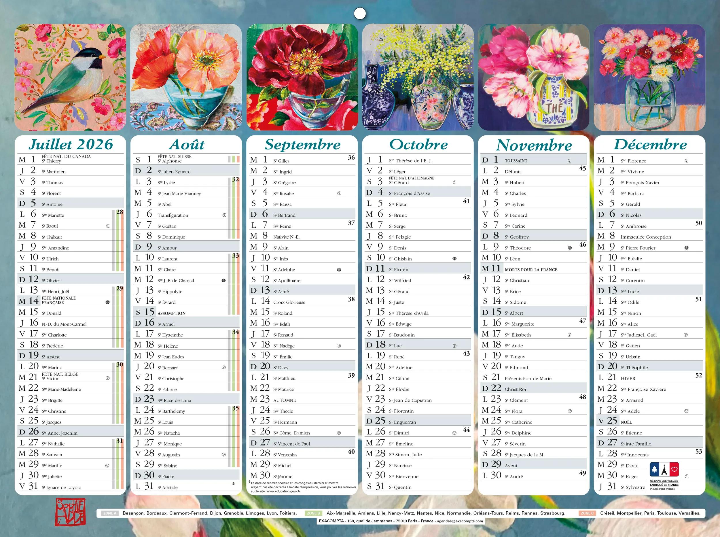 Calendrier Illustré Mini Labo 2026 - Format Poche 17x13cm, Thème Fleuri - Janvier à Décembre 2026, Dimanches En Couleur - 4