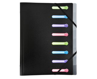 Multipart file with 3 flaps and elastic straps, Opak polypropylene 8 compartments - A4 size. - Black