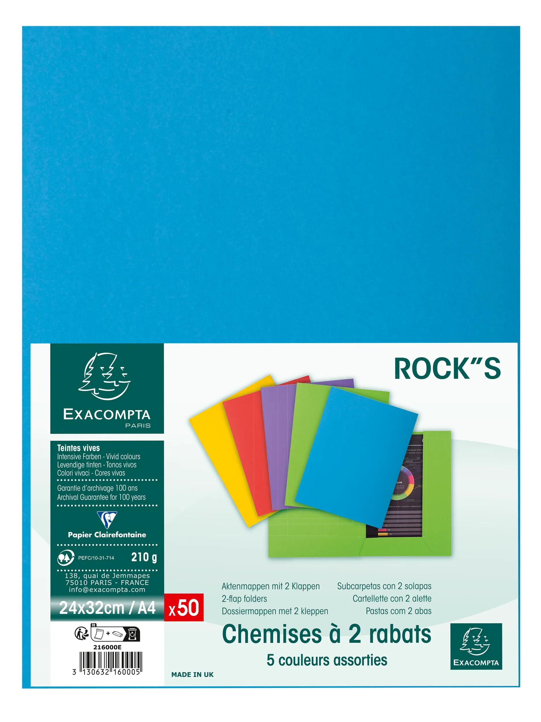Chemises Rigides ROCK'S Exacompta - Lot De 10, 210 G/m², 24x32 Cm, Couleur Bleu - Certification PEFC, Archivage 100 Ans - 7