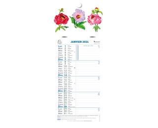 Calendrier mensuel Fleurs avec feuillets détachables 15,5 x 28,5 cm sur support plaque imprimée 19 x 41 cm 2024 - Visuels assortis