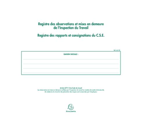 Exacompta Registre Inspection Du Travail Et C.S.E. - 24x32 Cm, 16 Pages Numérotées, Conforme Législation