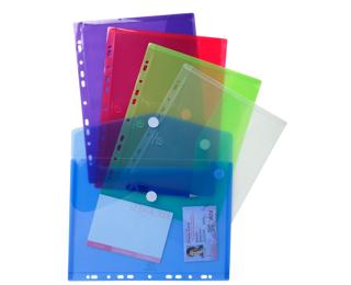Sachet de 5 pochettes-enveloppes perforées polypropylène - A4 - Couleurs assorties