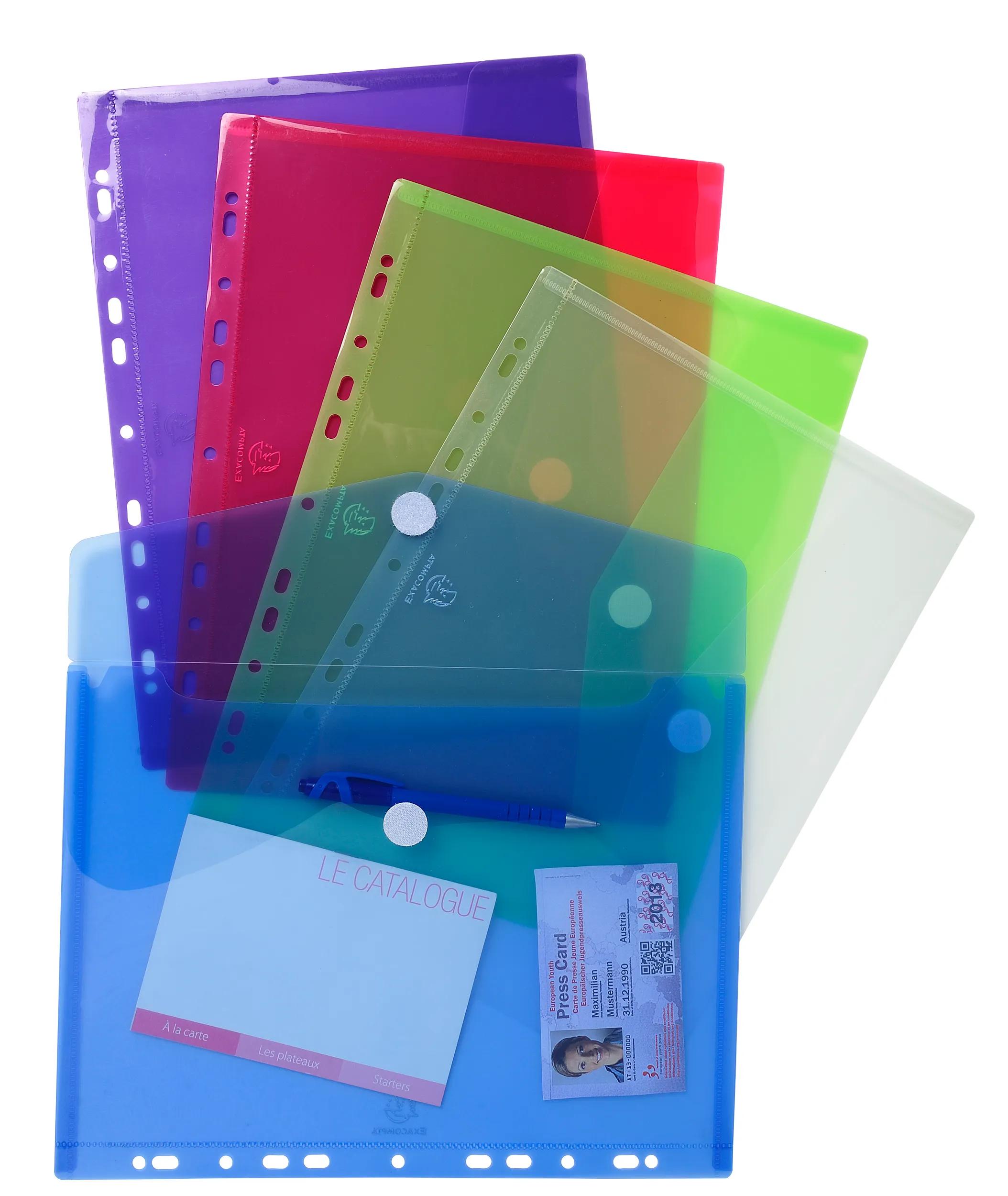 Lot De 5 Pochettes Transparentes A4 à Rabat - En PP 130µ, Perforation Renforcée Pour Classeur, Anti-transfert D'encre - 5