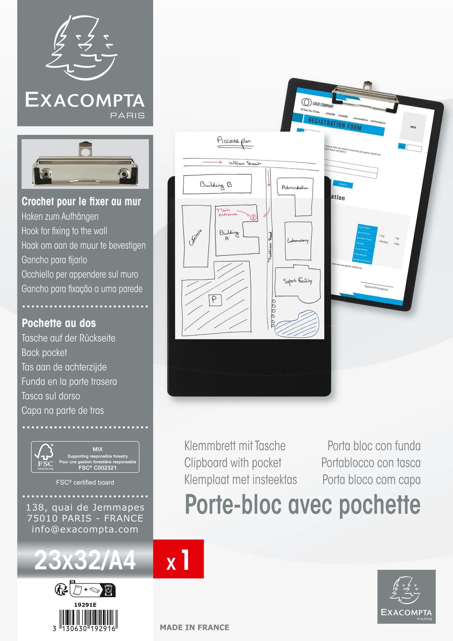 Exacompta - Porte-bloc avec pochette - Format 23x32cm pour A4 - Noir