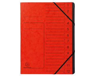 Trieur agrafé avec élastiques intérieur noir 12 compartiments - A4 - Rouge