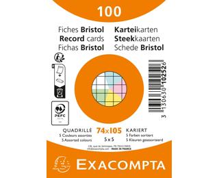 Paquet de 100 fiches sous film - Bristol quadrillé 5x5 non perforé 74x105mm - Couleurs assorties