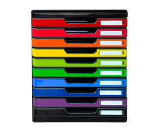 Schubladenbox MODULO A4, 10 geschlossene Schubladen - Regenbogen