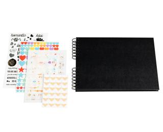 Kit Scrapbooking Album 70 pages noires : Stickers & Pochoirs 