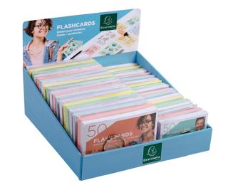 Présentoir complet avec 38 paquets de 50 flashcards sous film + anneau - bristol ligné perforé - formats A6 et A7 - Couleurs assorties