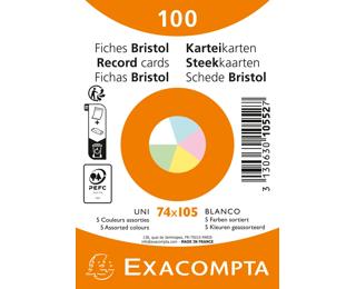 Pack of 100 cards under film - UNI non-perforated Bristol 74x105mm - Assorted colours