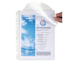 Packung mit 50 Prospekthüllen gelocht aus Qualitäts-PVC 140µ, mit Hülle für Mini-CDs, für Format DIN A4 - Transparent