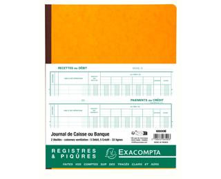 Piqûre 32x25cm Journal de caisse ou banque 5 débit - 5 crédit 33 lignes 80 pages - Couleurs assorties