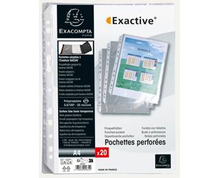Sachet de 20 pochettes perforées pour classeur Exactive - polypropylène lisse 5,5/100e - Cristal