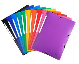 Sammelmappe mit 3 Klappen und Gummizug aus PP 400µ mit Etikett blickdicht, für Format DIN A4 - Farben sortiert