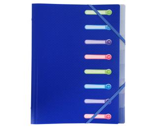 Multipart file with 3 flaps and elastic straps, Opak polypropylene 8 compartments - A4 size. - Assorted colours