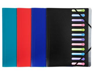 Cartella 3 lembi Opak polipropilene, elastici di chiusura, 12 scomparti - A4 - Colori assortiti