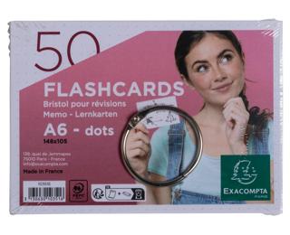 Packung mit 50 Flashcards A6, mit Ring, eingeschweißt, dot/punktkariert, gelocht 