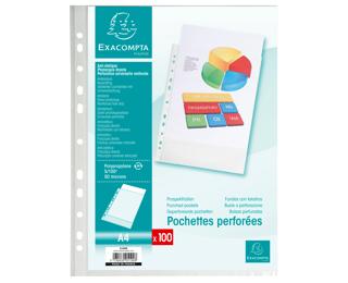 Sachet de 100 pochettes perforées polypropylène grainé 5/100e - A4 - Cristal