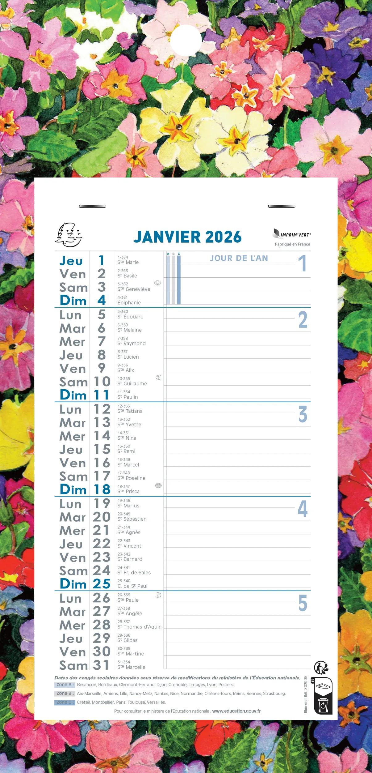Calendrier Illustré Mini Labo 2026 - Format Poche 17x13cm, Thème Fleuri - Janvier à Décembre 2026, Dimanches En Couleur - 12