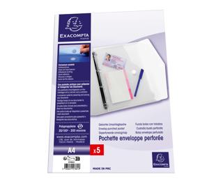 Pak van 5 geperforeerde envelop showtassen PP 20/100ste - met klittenband sluiting - A4 - Kleurloos