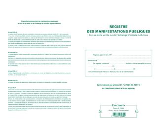 Piqûre 32x19,5cm - Registre d'identification des vendeurs en vue d'une manifestation publique - 80 pages - Couleurs assorties