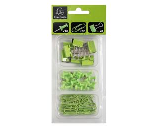 Kit de sistemas de fijación compuesto de 20 push pins, 30 clips, 8 pinzas doble clips - Sistemas de fijación - Verde anís