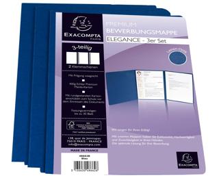 3er Set Bewerbungsmappen aus Colorspan-Karton 400g/qm mit Leinenoptik, Serie Elegance, 3-teilig mit 1 Klemmschiene, DIN A4 - Blau